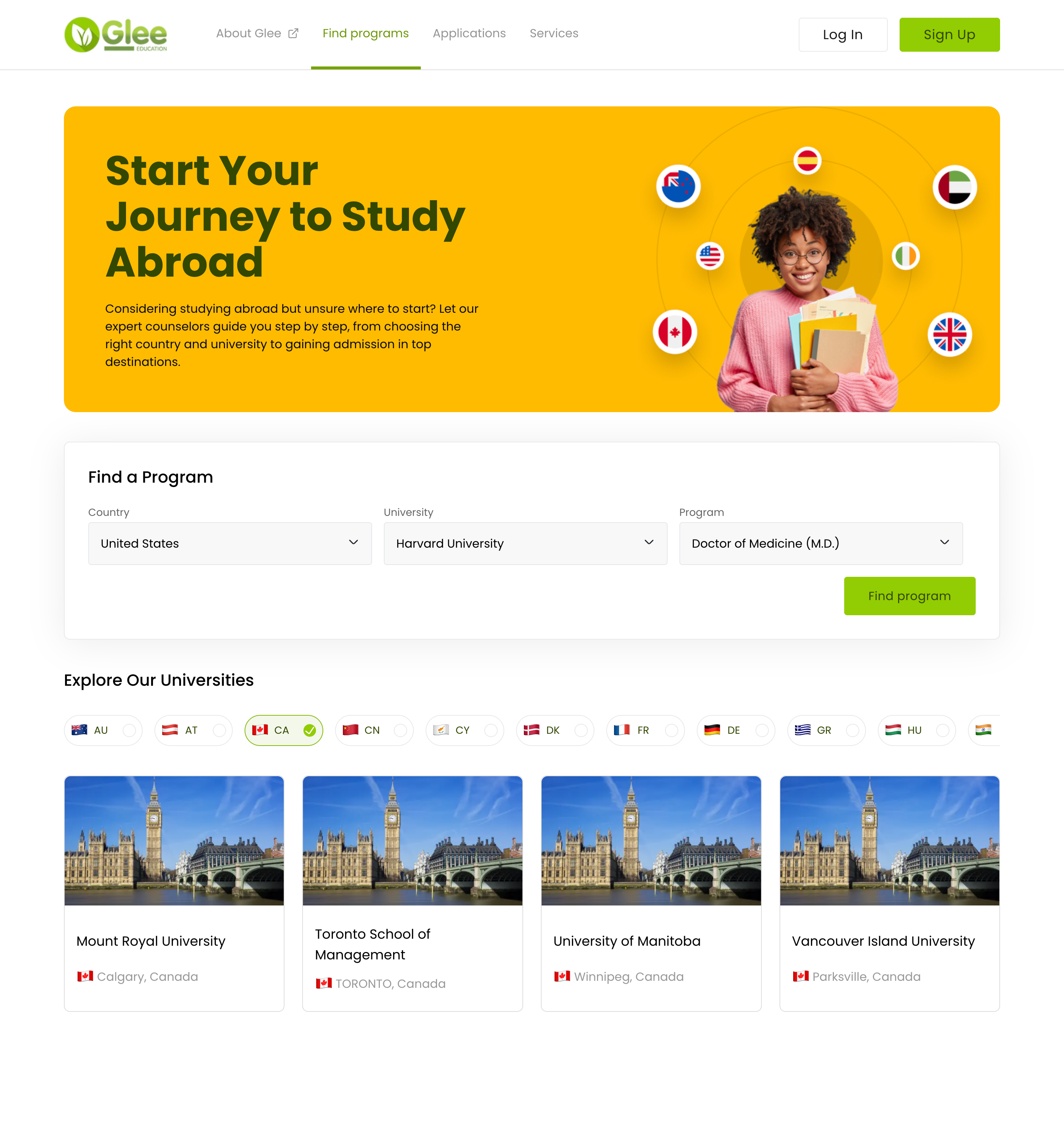 Glee Education study abroad platform website