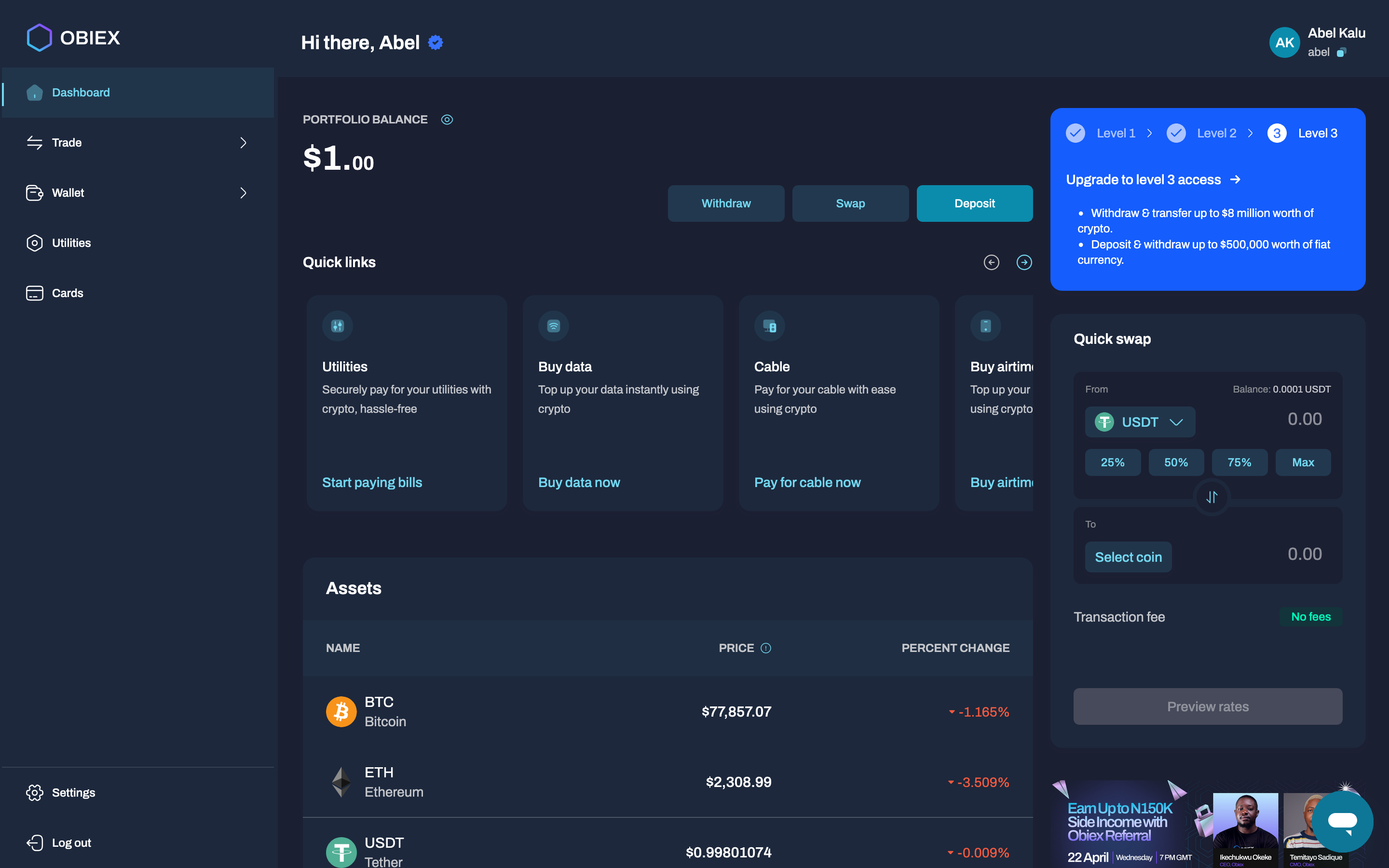 Obiex Finance web application dashboard